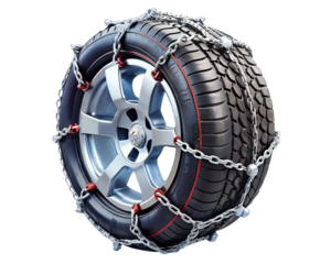Car tire with snow chains for winter driving isolated on transparent background