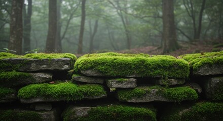 Lush Green Moss on Ancient Stone Wall in Misty Forest