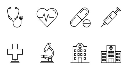 Healthcare and Medical Outline Icons Representing Modern Hospital Equipment and Treatment for Health and Well being Services
