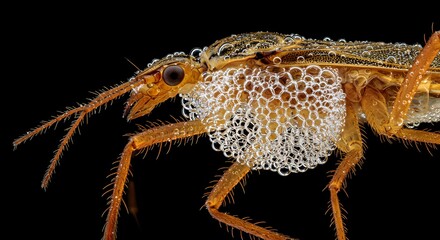 Macro photography of a water strider insect with bubbles showcasing natures intricate design and detail against a black background perfect for scientific studies