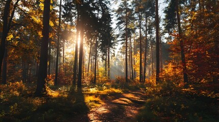 Fototapeta premium Sunlight streams through autumn foliage in a forest.