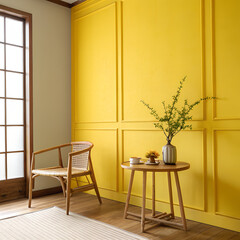 yellow wall with the chair and window 