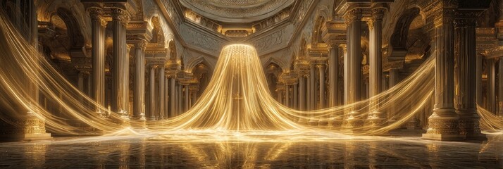 Golden, ornate hall with flowing fabric