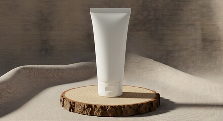 Minimalist Cosmetic Tube Mockup on Wooden Slice for Cream Lotion or Gel Product Packaging Design and Branding Promotion