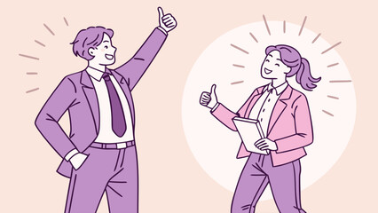 Cheerful Business Professionals Giving Thumbs Up in Illustration.