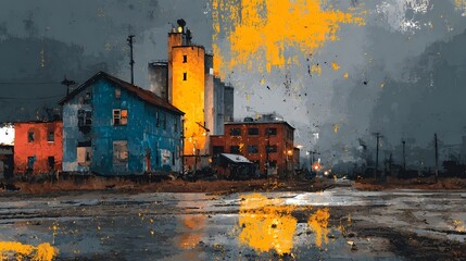 Fototapeta premium Moody vintage inspired graphic illust n depicting a dramatic gritty urban scene with weathered buildings industrial textures and a sense of decay in the cityscape