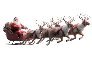 High-resolution, photorealistic image of Santa in his sleigh pulled by reindeer, on a white background, isolated, with no shadows on the ground,.