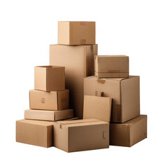 cardboard brown delivery packages stacked isolated on white and transparent background.