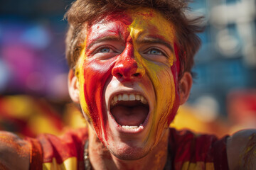 Man with face painted in Spanish colors expresses excitement during a vibrant festival celebrating Spanish culture and traditions in Spain