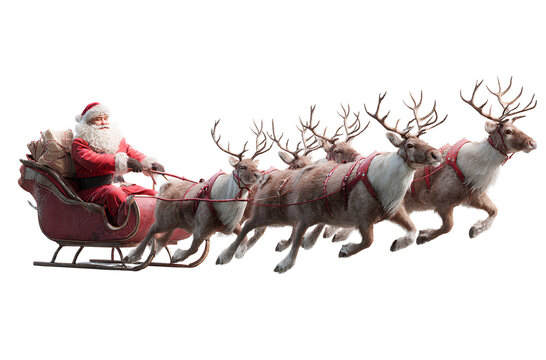 High-resolution, photorealistic image of Santa in his sleigh pulled by reindeer, on a white background, isolated, with no shadows on the ground,.