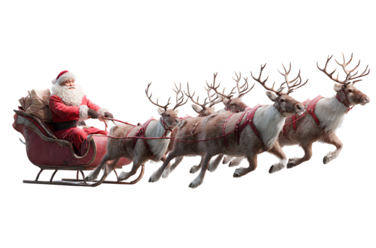 High-resolution, photorealistic image of Santa in his sleigh pulled by reindeer, on a white background, isolated, with no shadows on the ground,.
