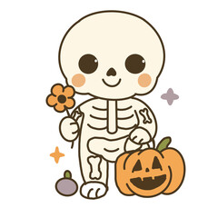 Cute Skeleton Holding Flower with Pumpkin – Kawaii Halloween Illustration on Transparent Background