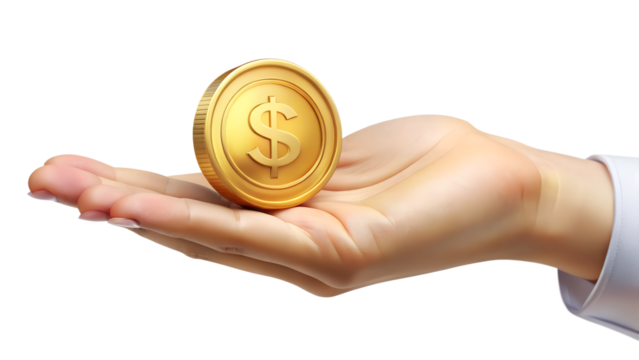 Hand holding a golden dollar coin isolated on transparent background, representing finance, investment, and economic opportunity