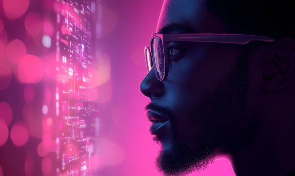 Artificial intelligence cyber security risks illustration concept, featuring a Black African American female IT specialist analyzing data and threats in augmented reality with red code, Generative AI