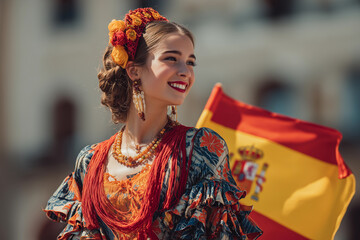 Flamenco dancer celebrates Spanish culture while proudly holding the flag of Spain in a vibrant setting