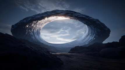 Abstract Geometric Arch Structure In Dark Landscape