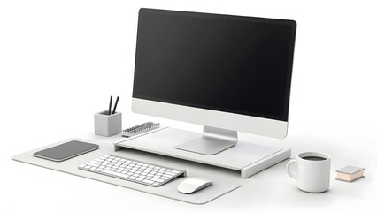Fototapeta premium Minimalist tech station with a matte monitor and sleek accessories