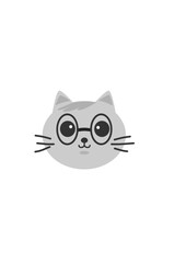 Vector, Cartoon cat face with glasses and large eyes on white background  