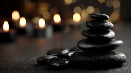Stacked black stones on a dark surface with candles.