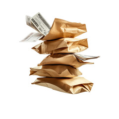 Stacked Brown Paper Packages with Shipping Labels on Top, Ideal for E-commerce and Delivery Themes on transparent background