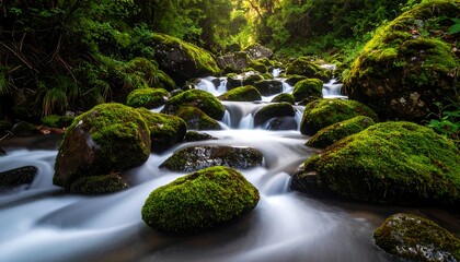 Fototapeta premium Mossy stream cascading over rocks in a lush forest
