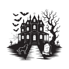 Obraz premium Haunted house with a howling wolf tombstone and flying bats in black and white