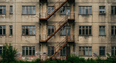 Urban Decay and Resilience Facade of Old Apartment Building with Fire Escape and Graffiti Art