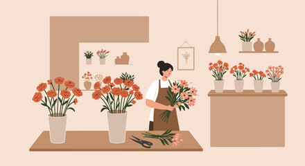 Florist arranges fresh flowers in a shop with vases, scissors, and a neutral palette