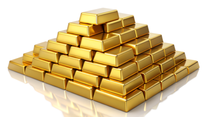 A pyramid of shiny gold bars isolated on transparent background representing wealth, investment, and financial security