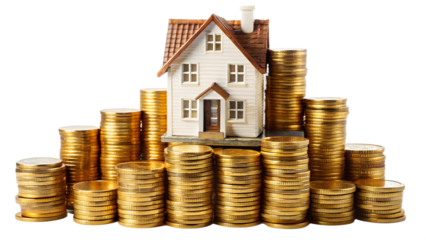 House model on stacks of golden coins isolated on transparent background representing real estate investment and financial growth