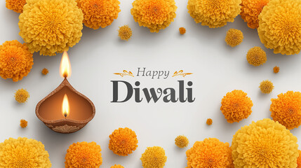 Diwali Celebration: A vibrant Diwali scene featuring marigold flowers and a glowing diya, symbolizing the triumph of light over darkness. conveying a message of joy, prosperity, and hope.