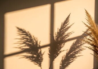 Warm sunlight casting shadow of pampas grass on neutral wall creates a tranquil mood