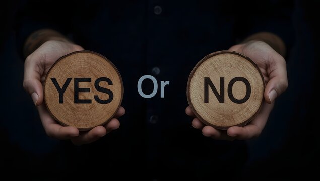 Think With Yes Or No Choice, Business Choices For Difficult Situations, Yes or no and question mark, man holding two wooden with yes or no word on it, making decision..