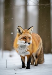 Obraz premium Red Fox Portrait in Snowy Forest, Winter Wildlife Scene
