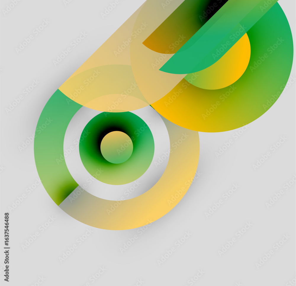 Poster abstract composition. overlapping circles, gradients, yellow, green hues create dynamic visual effec