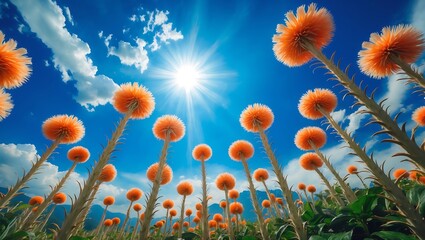 Vibrant orange flowers reach towards a bright sunlit blue sky