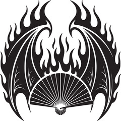 A stylized fan with bat wings and flames in black and white on a plain background illustration art