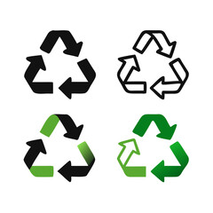 Obraz premium A set of recycling symbols in various styles, including solid green, outlined black, and gradient green, showcasing eco-friendly concepts in a clean vector format