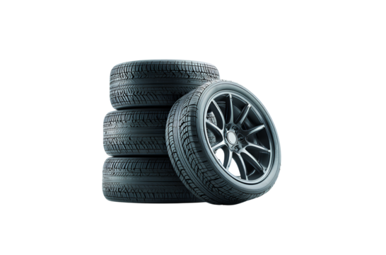 hree black winter tires with silver rims on a white background, with space for text or a logo. Isolated composition of car wheels and rubber tires in three different positions.