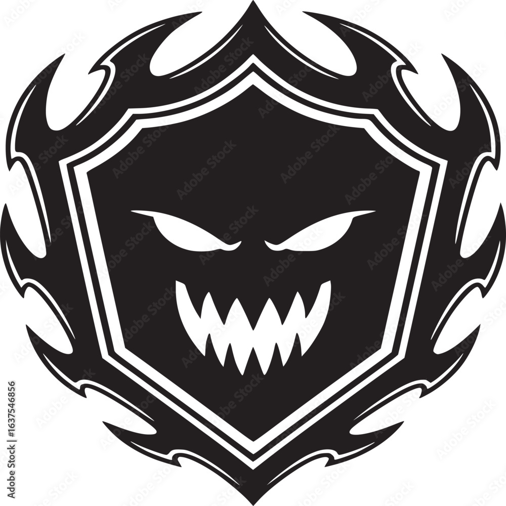 Poster a black shield with white outline and a monster face with sharp teeth surrounded by flame like shape