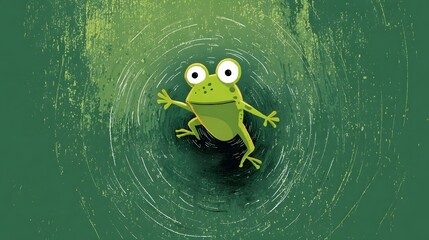 Vibrant illust n of a cheerful cartoon style green frog with large expressive eyes floating in a rippling pond like environment