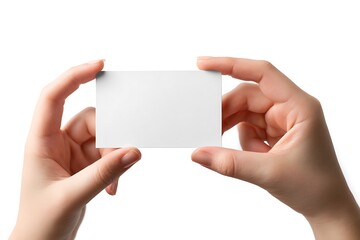 Obraz premium Elegant hands presenting a blank business card mockup with space for branding, ideal for advertising and marketing campaigns