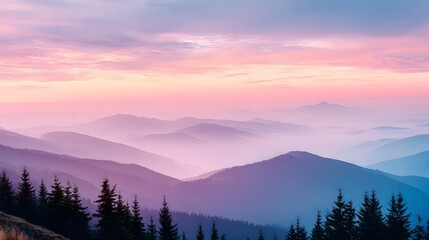 Obraz premium Pastel-colored mountains at sunrise or sunset, shrouded in mist.