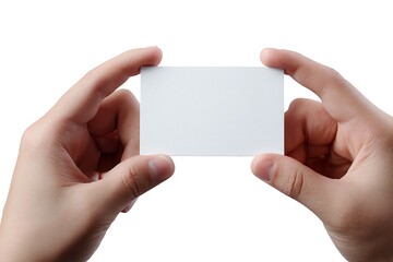 Obraz premium Blank business card held by hands ready for branding or design on a clean white background, perfect for marketing