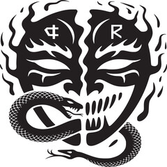 Abstract black and white skull with flames symbols and snake in a graphic design illustration