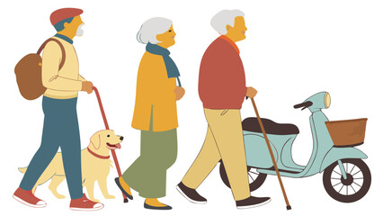 Fototapeta premium Elderly People Walking with Dog and Scooter Illustration.