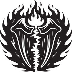 Black and white illustration of a winged figure surrounded by flames with a jagged line down the middle