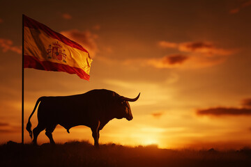 Silhouette of a bull against a stunning sunset sky with the Spanish flag waving in the breeze, capturing the essence of Spain’s rich culture and landscape