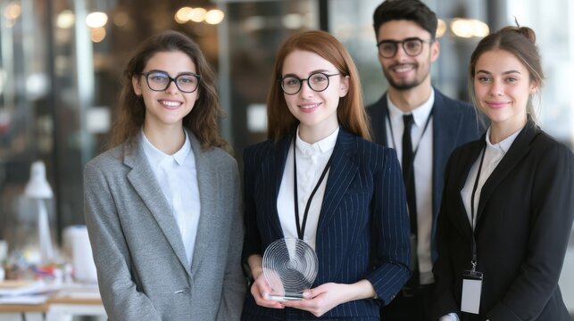 Celebrating achievements team recognition event office space group photo professional environment close-up shot
