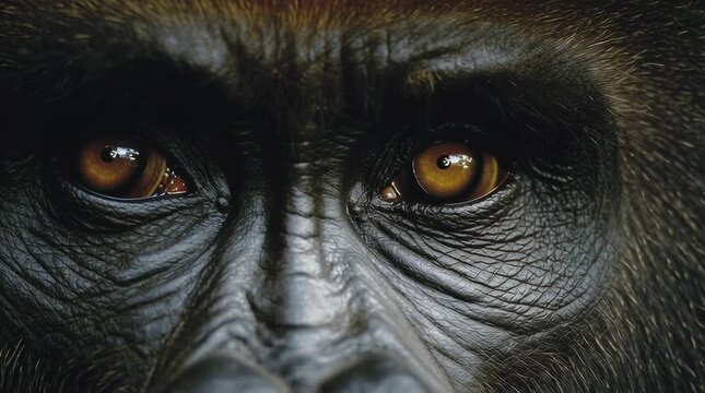 Close-up shot of a gorilla&rsquo;s eye, staring directly into the camera. Detailed texture of fur and skin, capturing emotion and intensity in a wild animal&rsquo;s gaze.